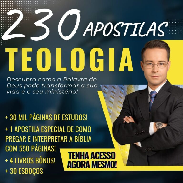 Tablet and laptop displaying dozens of PDF apostilas de teologia, cercados por símbolos bíblicos e acadêmicos.