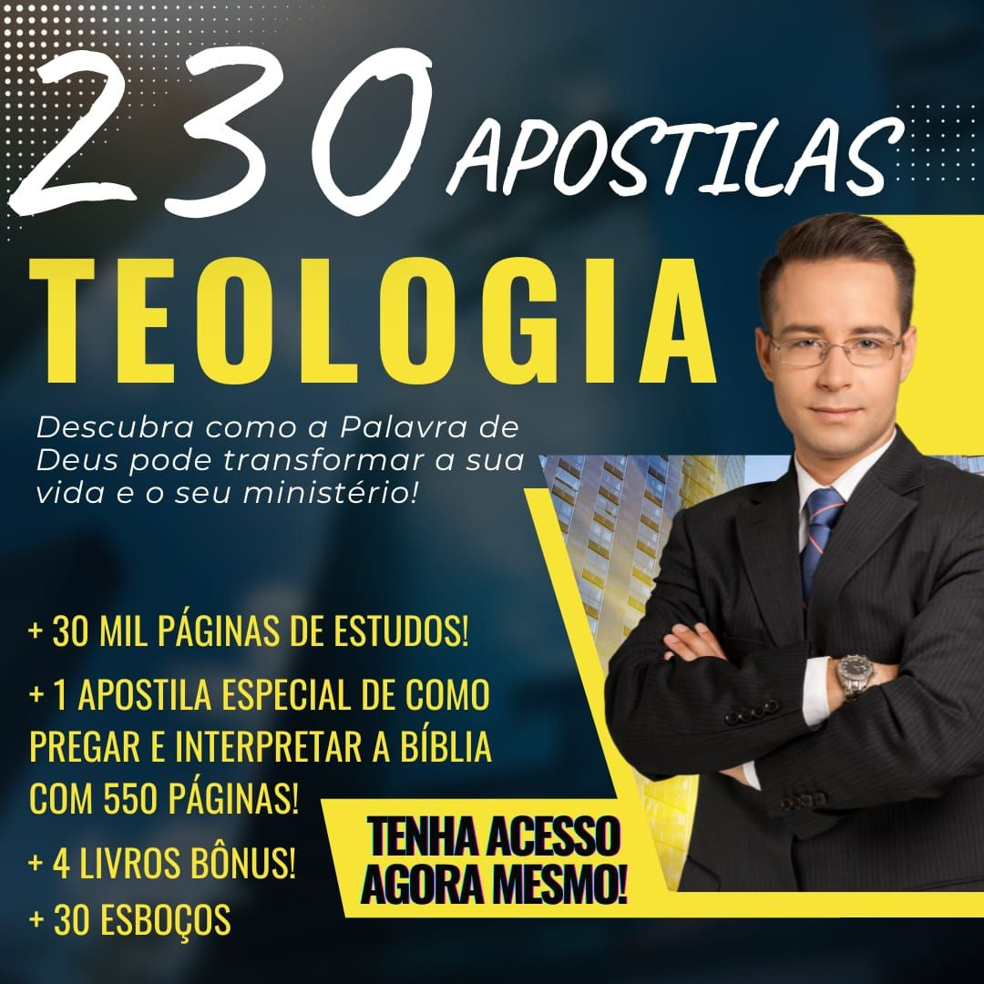 Tablet and laptop displaying dozens of PDF apostilas de teologia, cercados por símbolos bíblicos e acadêmicos.