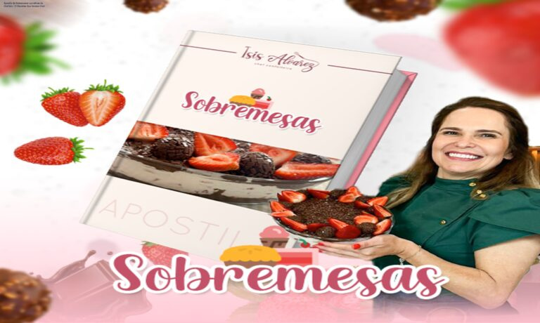Capa da apostila digital de sobremesas lucrativas da Chef Isis, mostrando receitas de pavê e cheesecake prontas para vender