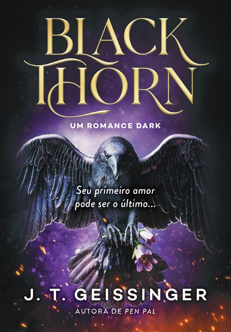 Capa do livro Blackthorn: Um romance dark de J. T. Geissinger com silhueta de casal sob céu sombrio e flores negras