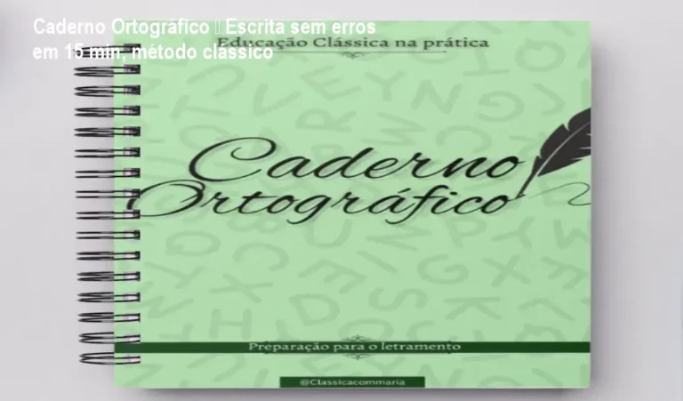 Capa do Caderno Ortográfico digital de Sabrina Cruz, mostrando páginas de exercícios que ajudam crianças de 6 a 12 anos a escrever sem erros em 15 minutos por dia