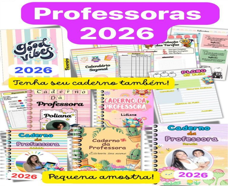 Capa do Caderno da Professora 2026 com opção de foto, dividers, calendário 2024 e ferramentas de planejamento educacional