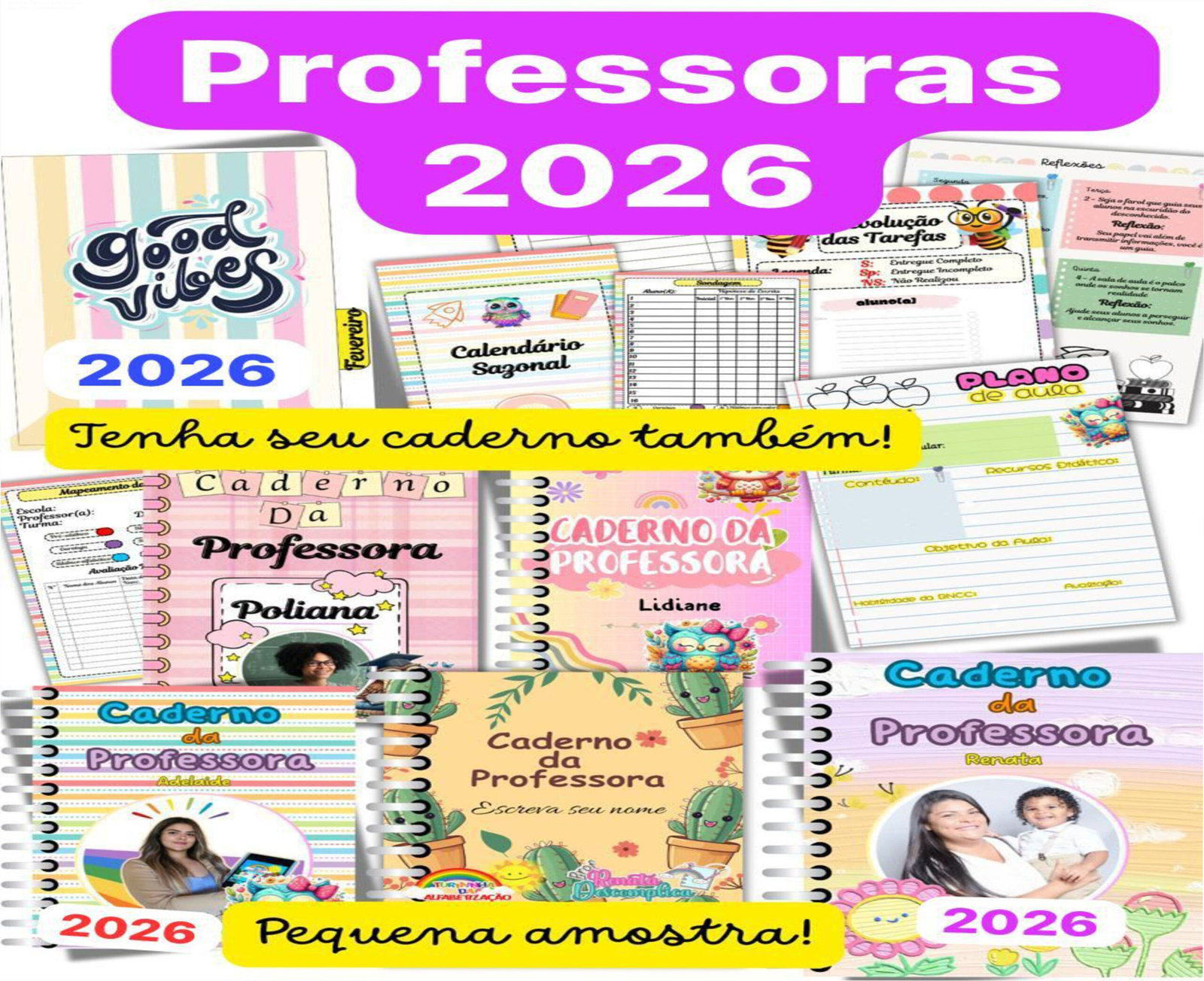 Capa do Caderno da Professora 2026 com opção de foto, dividers, calendário 2024 e ferramentas de planejamento educacional