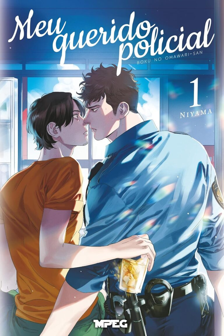 Capa do romance 'Meu Querido Policial – Volume 01' mostrando Seiji Tajima e o policial Shin Nakamoto em frente a uma loja japonesa, com atmosfera romântica.