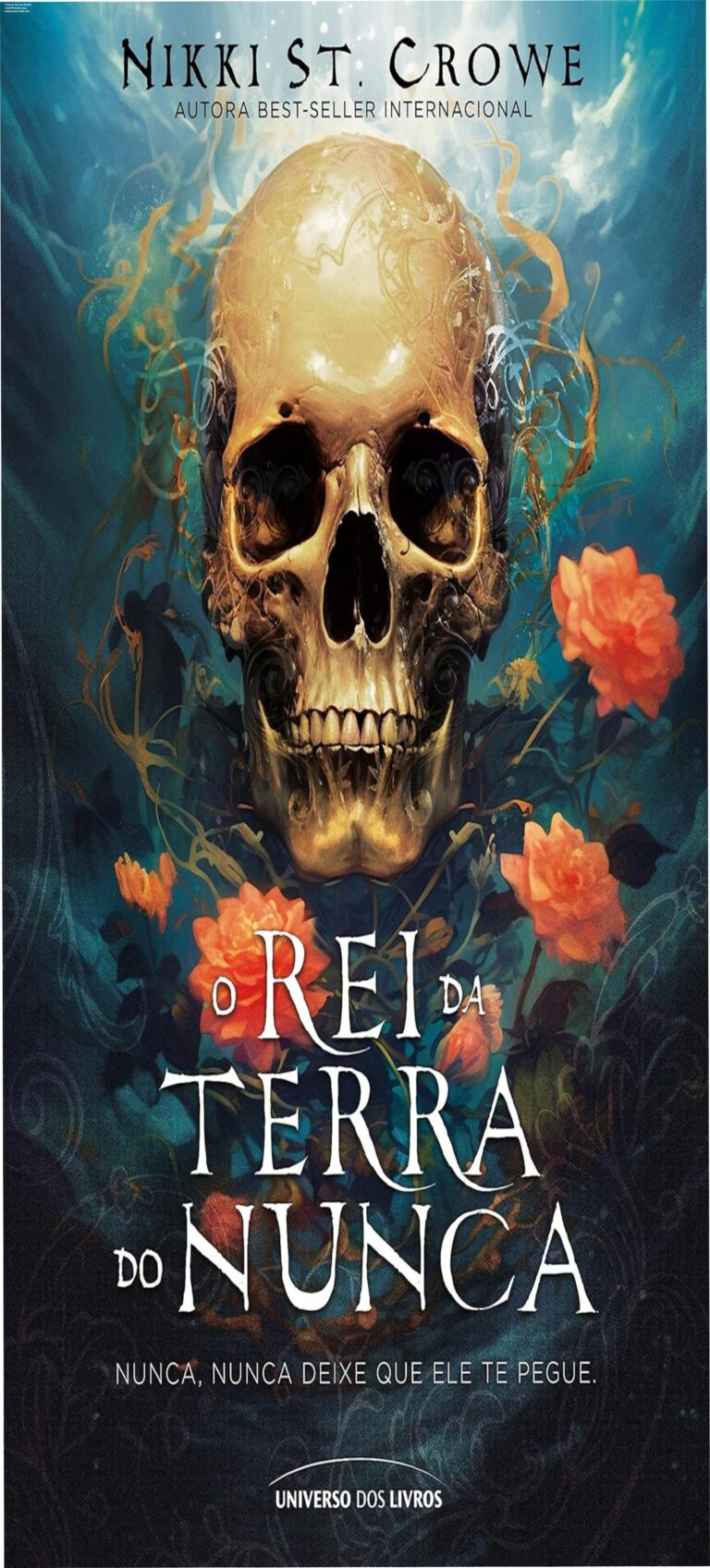 Capa do eBook Kindle 'O rei da Terra do Nunca' de Nikki St. Crowe, capa gótica mostrando Hook e Winnie em cenário sombrio