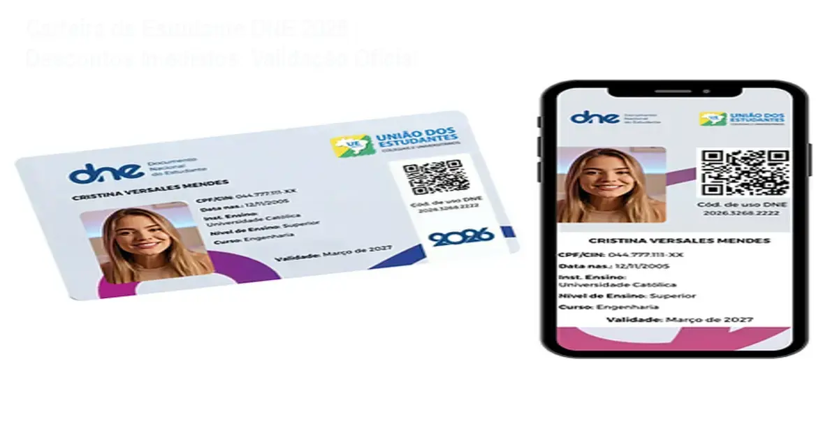 Carteira de estudante DNE 2026 em uso no cinema, mostrando comprovante de meia entrada