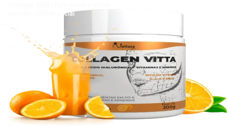 Frasco de Collagen Vitta sendo consumido diariamente, proporcionando pele mais firme e alívio nas articulações