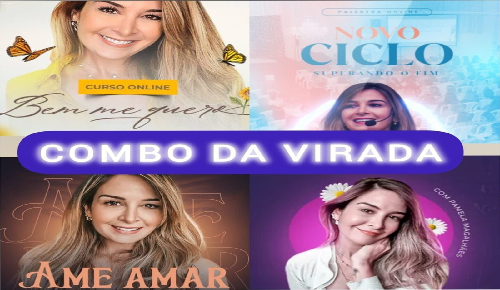 Imagem promocional do Combo da Virada mostrando Pamela Magalhães e materiais do curso que elevam a autoestima e transformam a vida amorosa