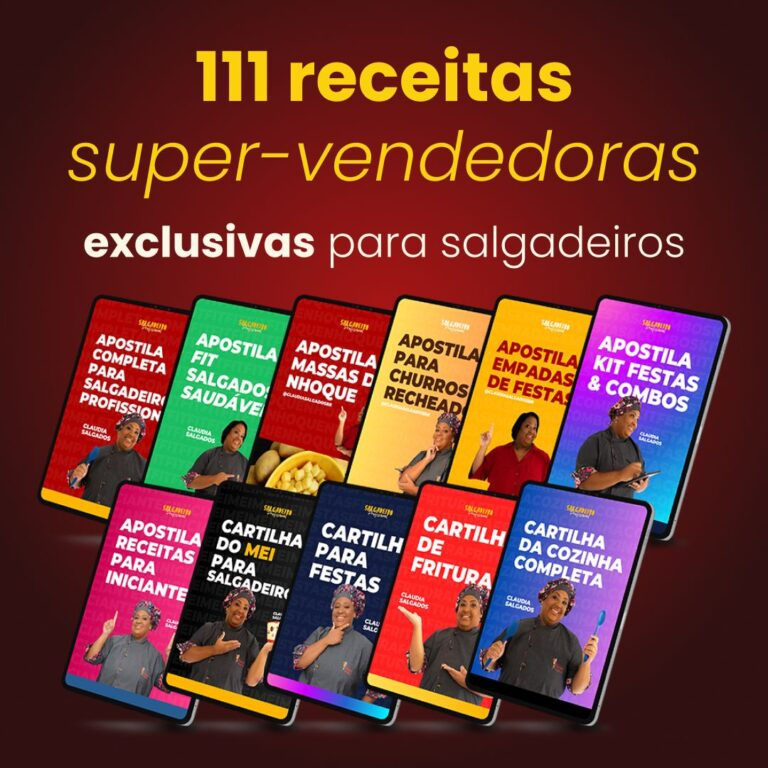 Combo de Receitas de Salgados Milionárias – apostilas digitais para produzir salgados em máquinas modeladoras (churros, nhoque, fit) por Cláudia Maqtiva