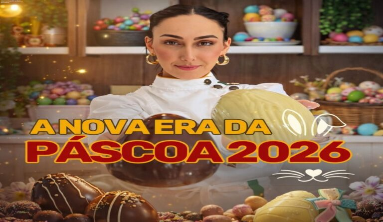 Imagem do curso A Nova Era da Páscoa 2026 mostrando confeiteira organizando produção lucrativa