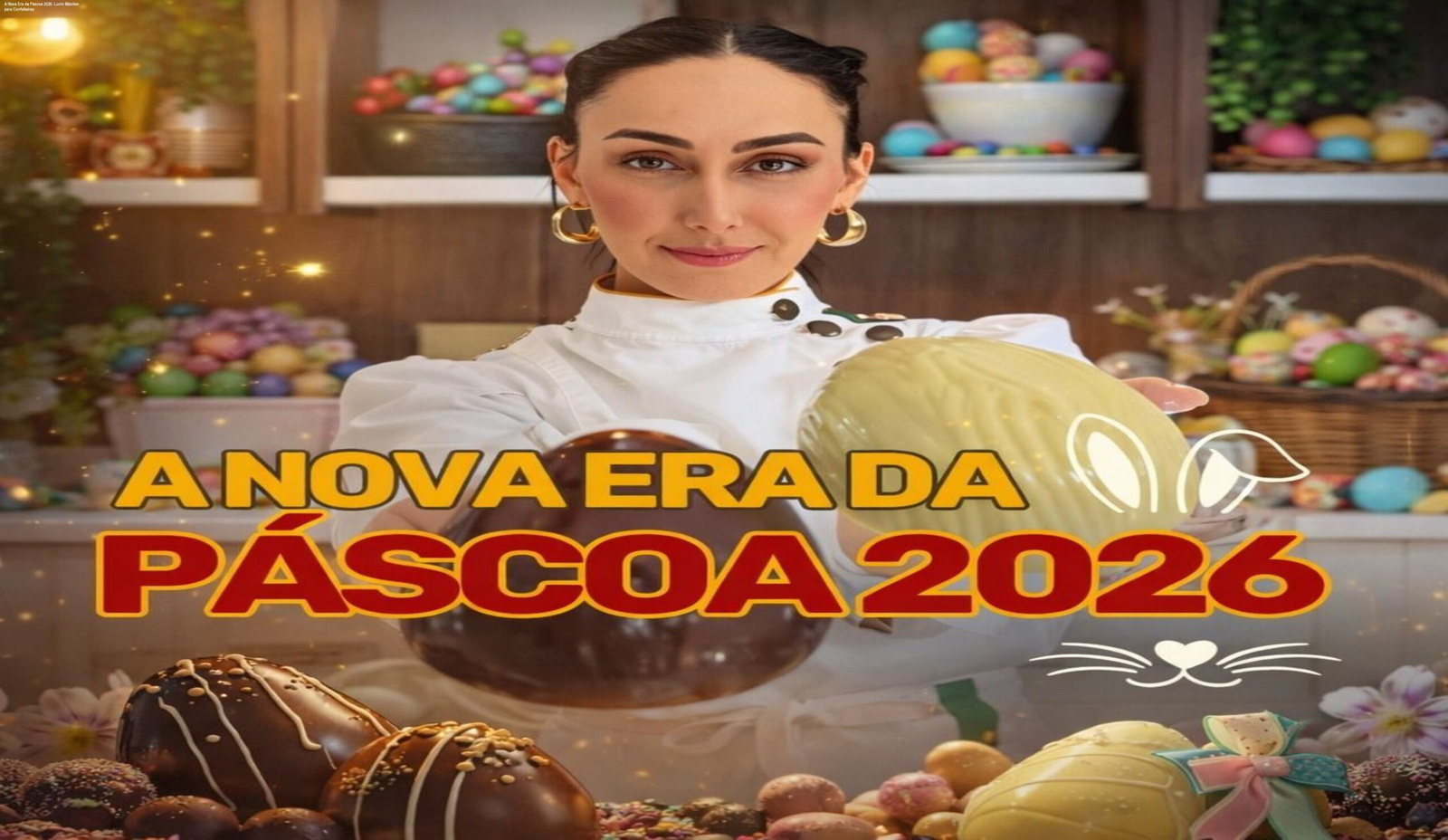 Imagem do curso A Nova Era da Páscoa 2026 mostrando confeiteira organizando produção lucrativa