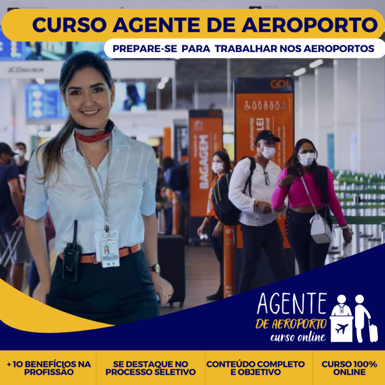 Jovem estudando curso online de Agente de Aeroporto em um terminal de aeroporto, com laptop e plano de fundo de aviões.