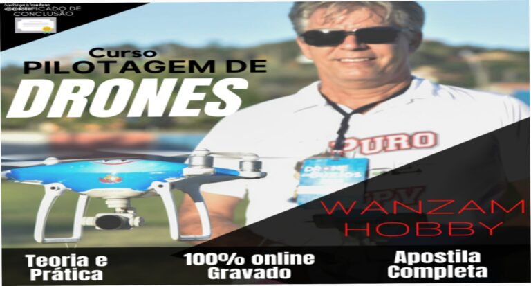 Imagem promocional do Curso Pilotagem de Drones com Wanzam Hobby, mostrando o instrutor ao lado de um drone em voo