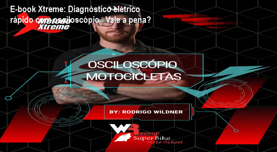 E-book Xtreme aberto em um tablet na oficina, mostrando gráficos de sinais de sensores de motocicleta capturados com osciloscópio