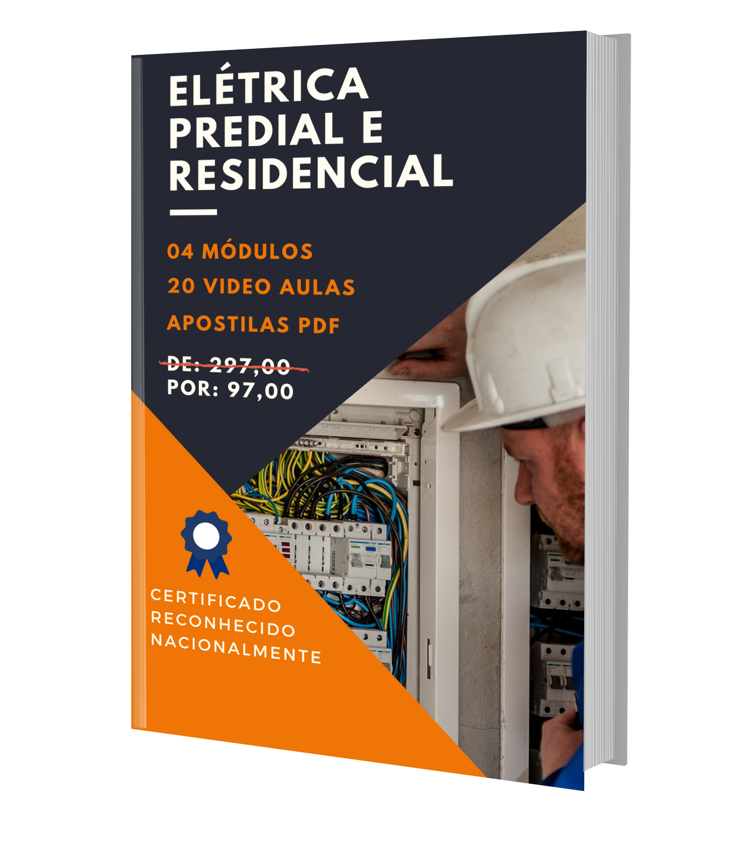 Eletricista profissional realizando instalação elétrica predial e residencial com diagramas técnicos e material didático