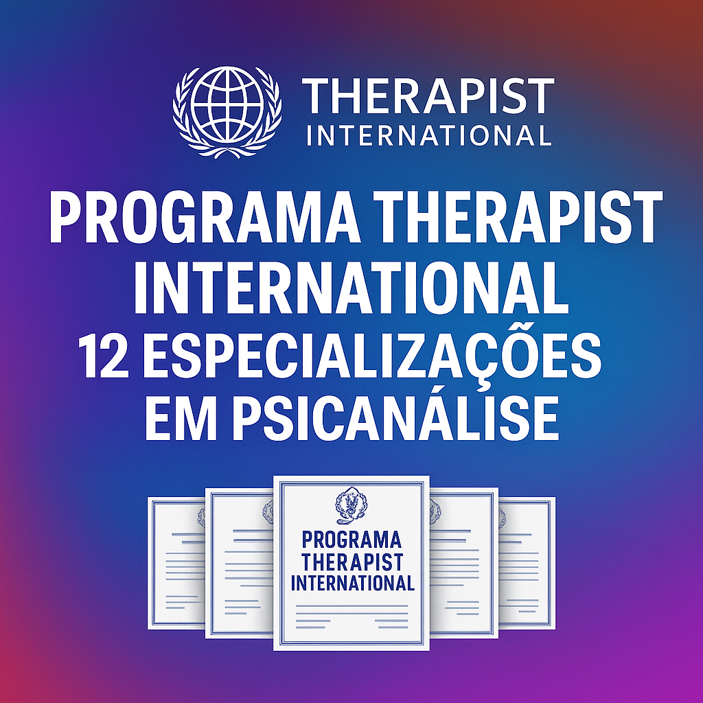Colagem digital de diploma internacional de especialização em psicanálise com selo, globo, 12 ícones de certificação, selo de acesso vitalício e figura de terapeuta.