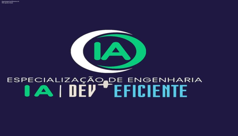 Imagem promocional da Especialização Dev+Eficiente em IA, destacando RAG, agentes e engenharia de IA avançada