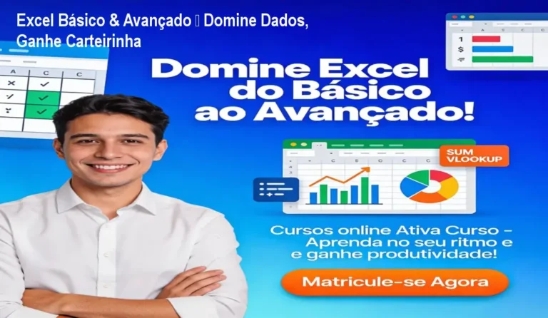 Tela do curso Excel Básico & Avançado com PowerBI mostrando aula prática e a carteirinha de estudante que garante descontos em eventos