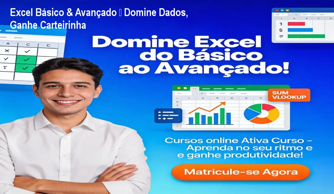 Tela do curso Excel Básico & Avançado com PowerBI mostrando aula prática e a carteirinha de estudante que garante descontos em eventos