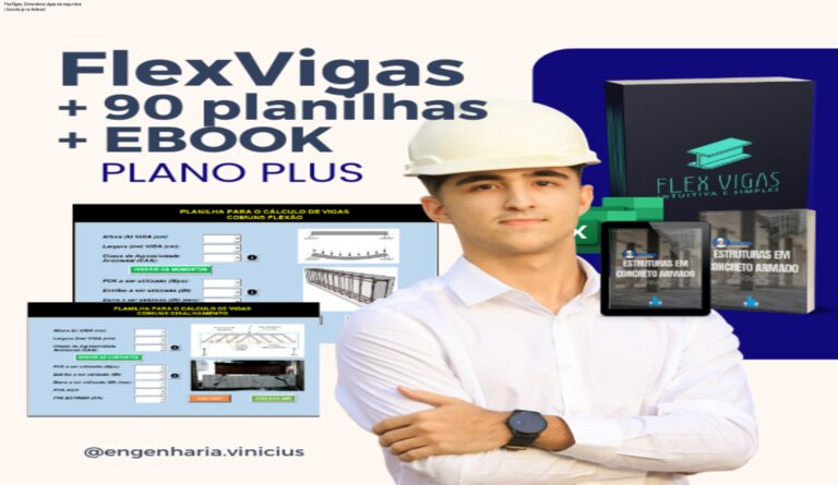 Planilha FlexVigas mostrando cálculo automático de vigas de concreto em Excel
