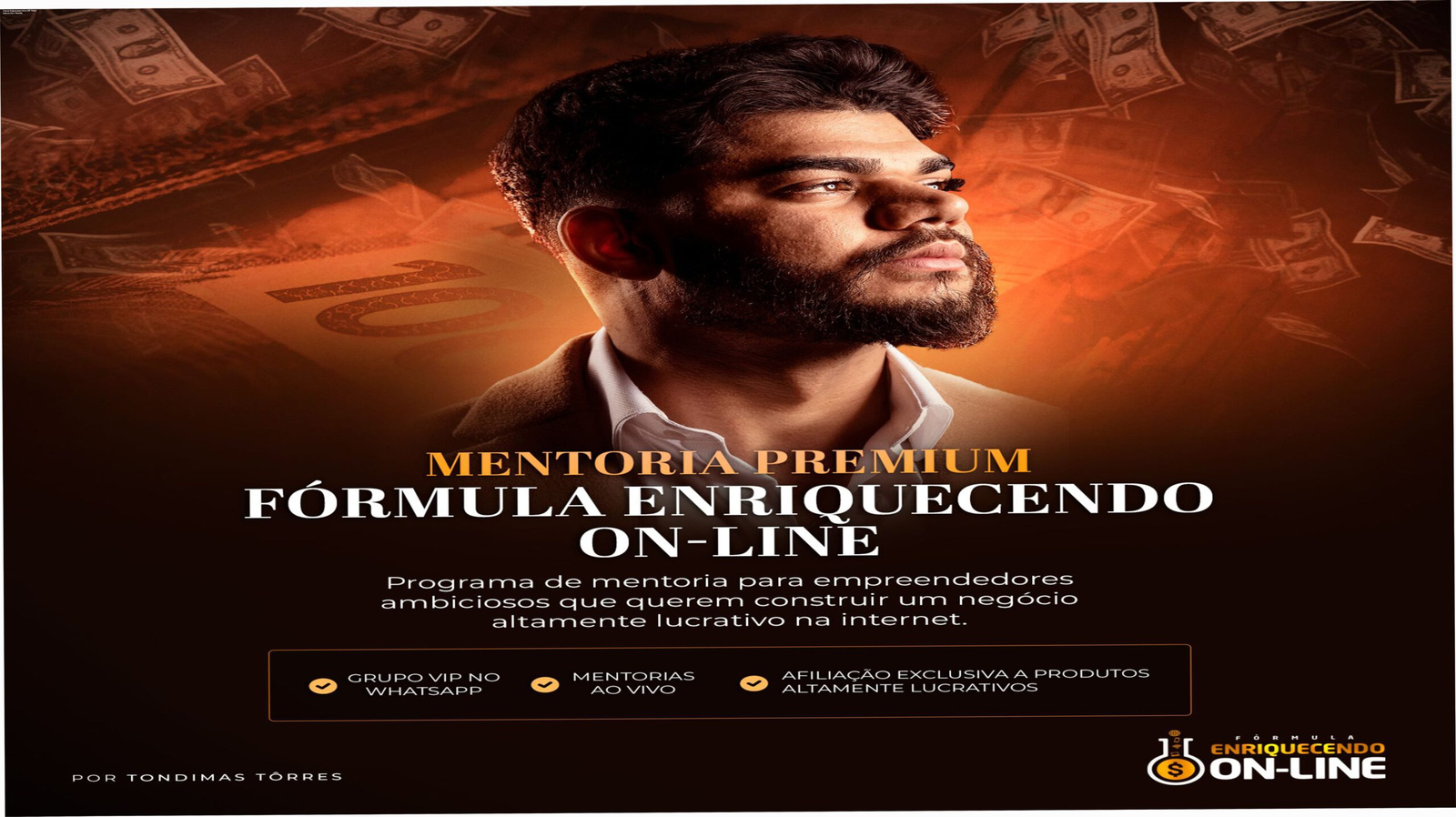 Imagem promocional do curso Fórmula Enriquecendo Online VIIP mostrando suporte VIP e mentoria ao vivo