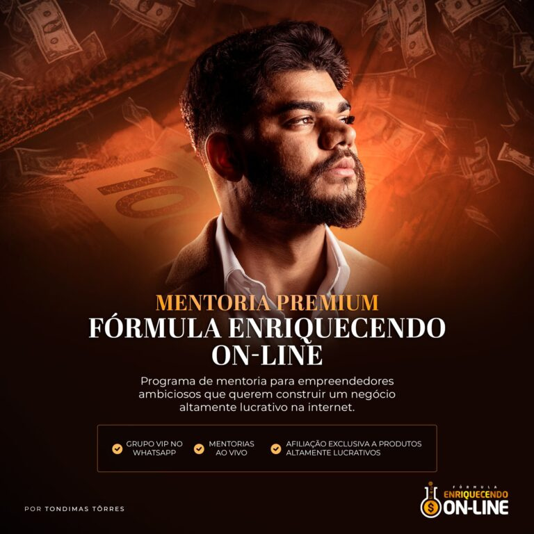 Imagem promocional do curso Fórmula Enriquecendo Online VIIP mostrando suporte VIP e mentoria ao vivo para gerar renda extra online