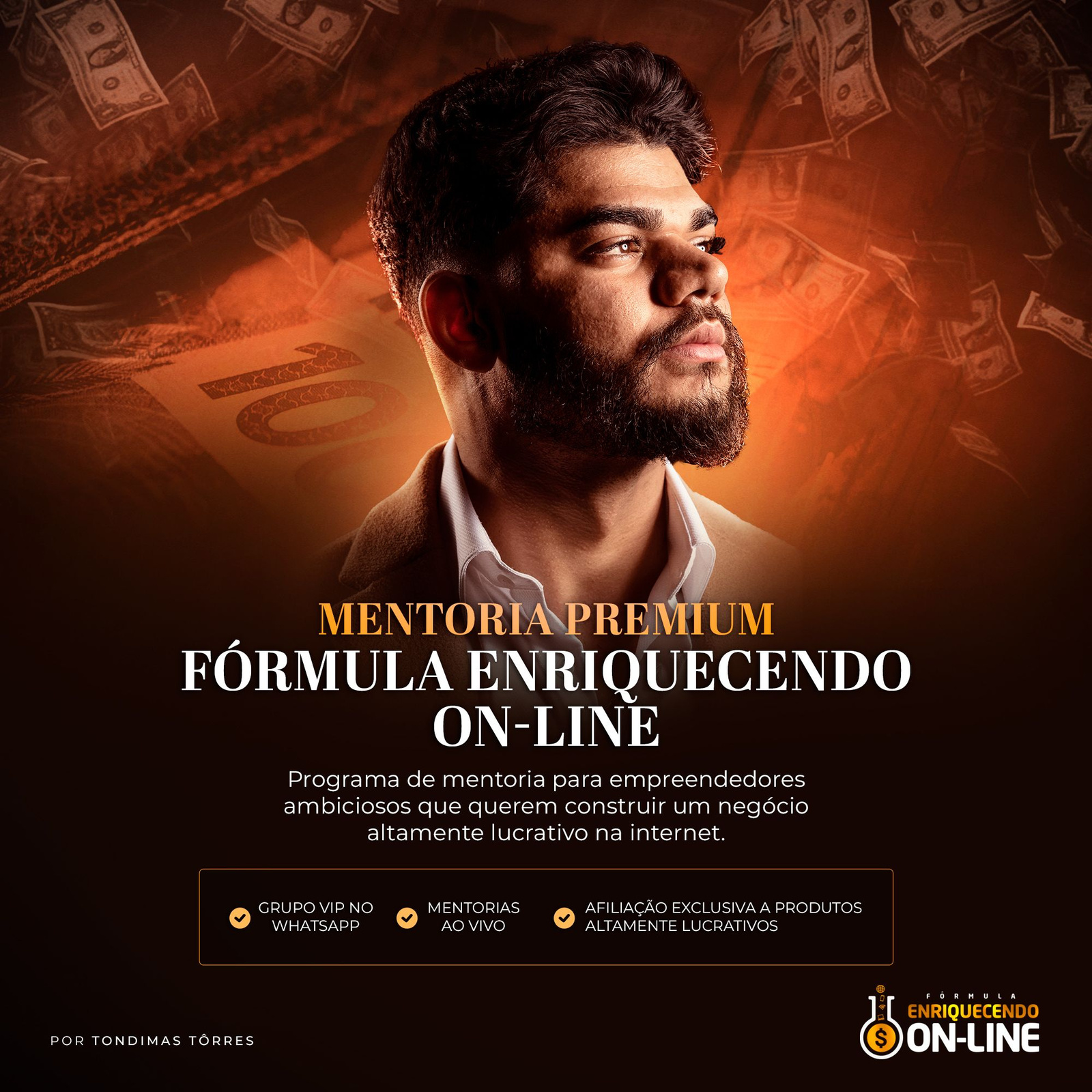 Imagem promocional do curso Fórmula Enriquecendo Online VIIP mostrando suporte VIP e mentoria ao vivo para gerar renda extra online