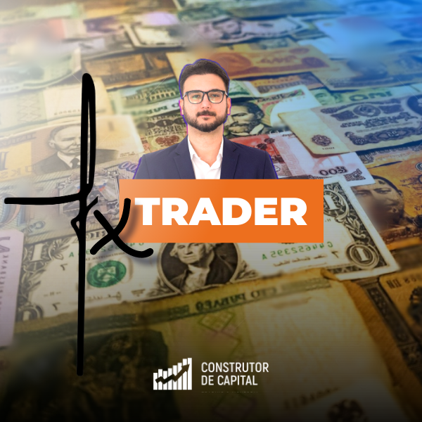 Ilustração de trader analisando gráficos Forex, fluxo de ordens e indicadores macroeconômicos, representando o curso FX Trader 2025 da Construtor de Capital.