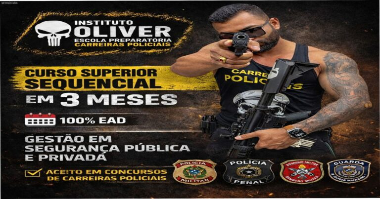 Imagem promocional do curso Gestão em Segurança Pública e Privada do Instituto Óliver com destaque para certificação rápida e suporte 24h