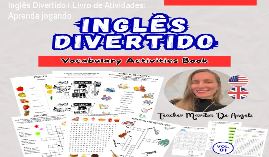 Capa do livro de atividades Inglês Divertido, mostrando páginas coloridas com jogos educativos para aprender inglês de forma prática