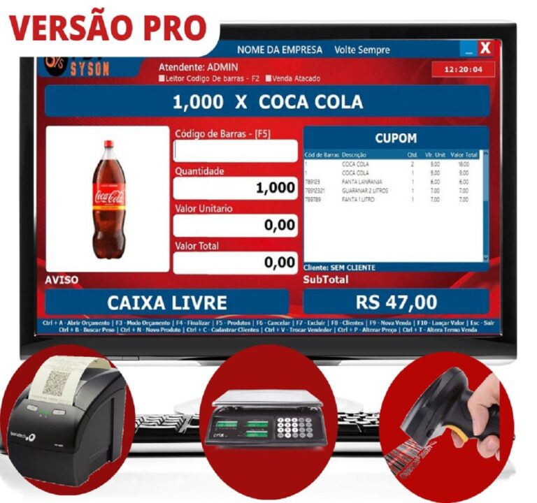 Tela do SysOn PDV Pro em um monitor touchscreen, exibindo um dashboard intuitivo de vendas e gestão para diversos tipos de lojas.