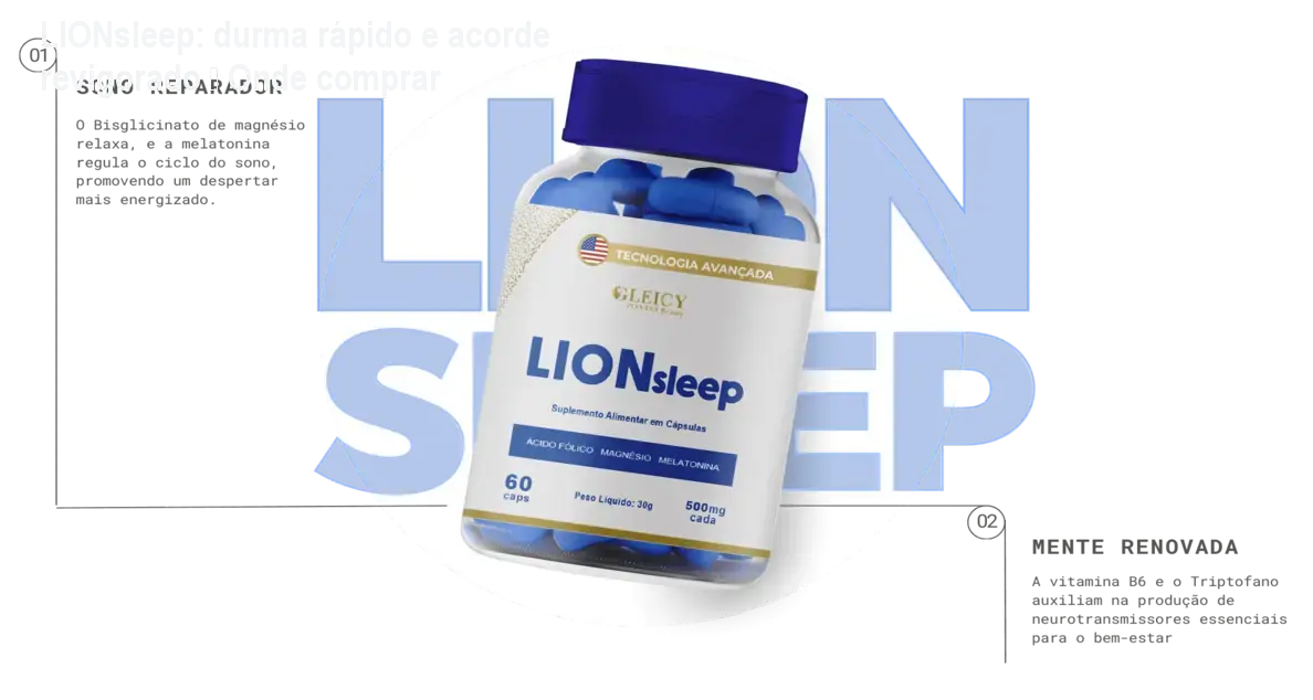 Cápsulas de LIONsleep ao lado de um travesseiro, simbolizando sono profundo e manhã energizada