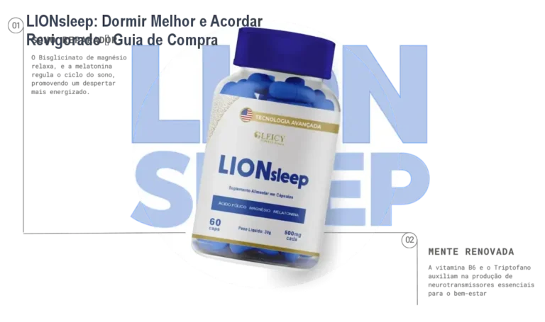 Frasco de LIONsleep ao lado de uma almofada, simbolizando sono profundo e relaxamento