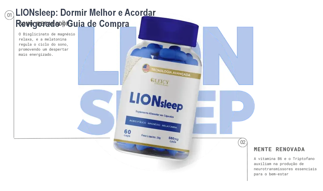 Frasco de LIONsleep ao lado de uma almofada, simbolizando sono profundo e relaxamento
