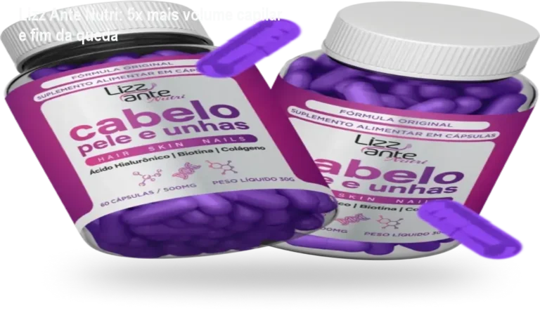Frasco de Lizz Ante Nutri sobre bancada, mostrando cabelos mais volumosos e pele firme após uso