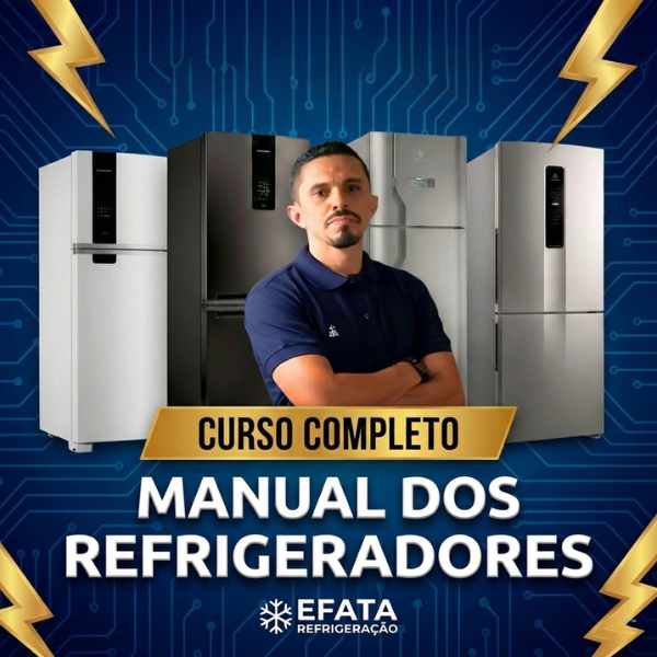 Imagem do curso Manual dos Refrigeradores Efata mostrando certificado, ferramentas e geladeira Frost Free
