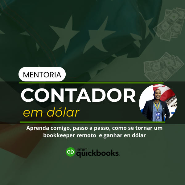 Contador brasileiro trabalhando remotamente, usando QuickBooks e conectando-se a empresas dos EUA, simbolizando a mentoria Plano América.