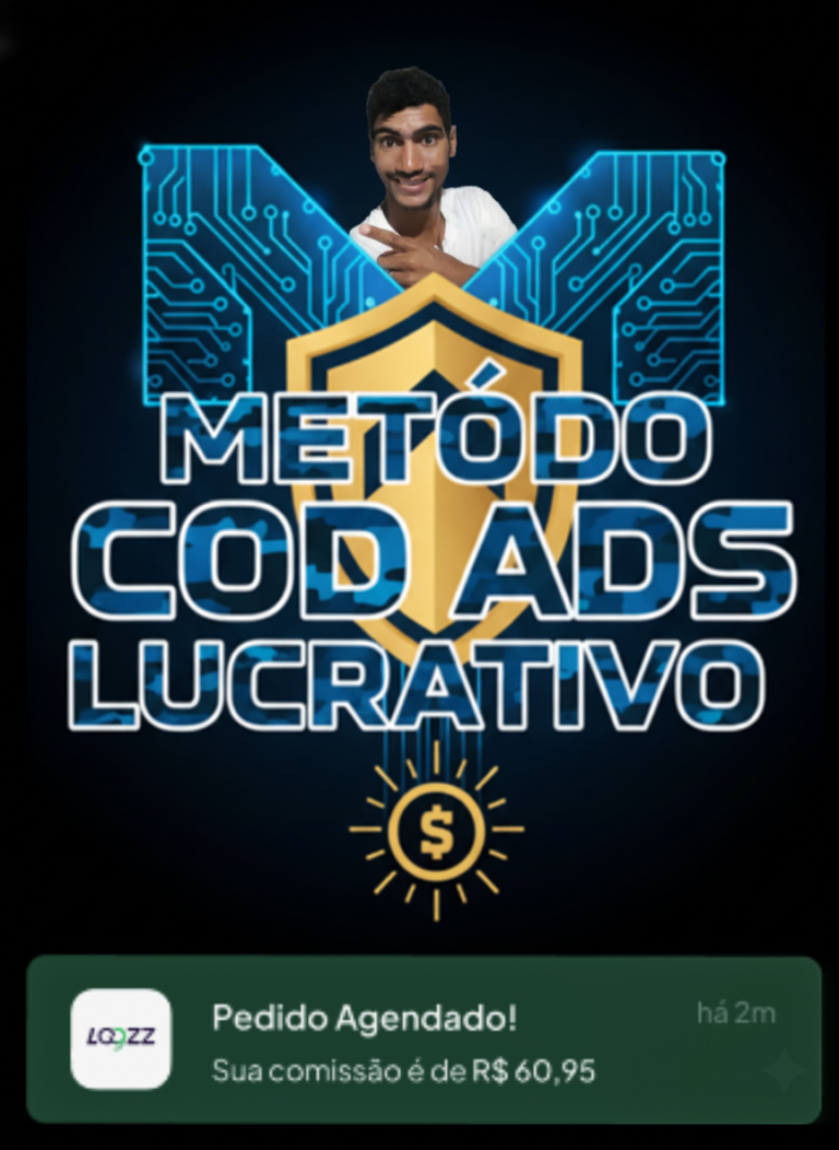 Imagem promocional do Método COD Ads Lucrativo mostrando vendas automáticas via Cash on Delivery para iniciantes