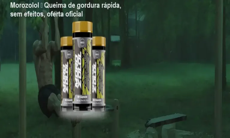 Frasco de Morozolol ao lado de fita métrica mostrando redução de medidas após uso