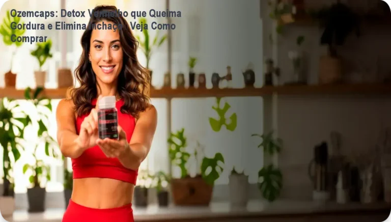 Frasco de Ozemcaps na cozinha, mostrando cápsulas vermelhas que ajudam a reduzir a barriga e o inchaço.