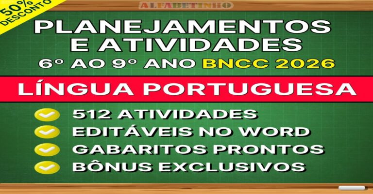 Professor utilizando planejamentos e atividades de Língua Portuguesa BNCC editáveis no computador para alunos do 6º ao 9º ano.