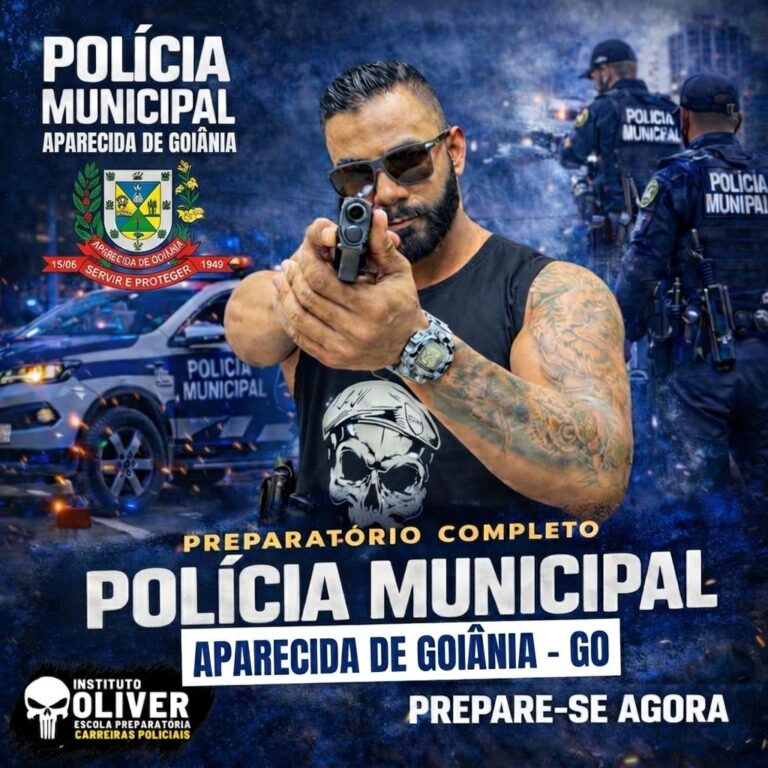 Curso preparatório Oliver para Guarda Municipal de Vitória ES – imagem com uniforme policial, skyline de Vitória e materiais de estudo (tablet, caderno, peso)