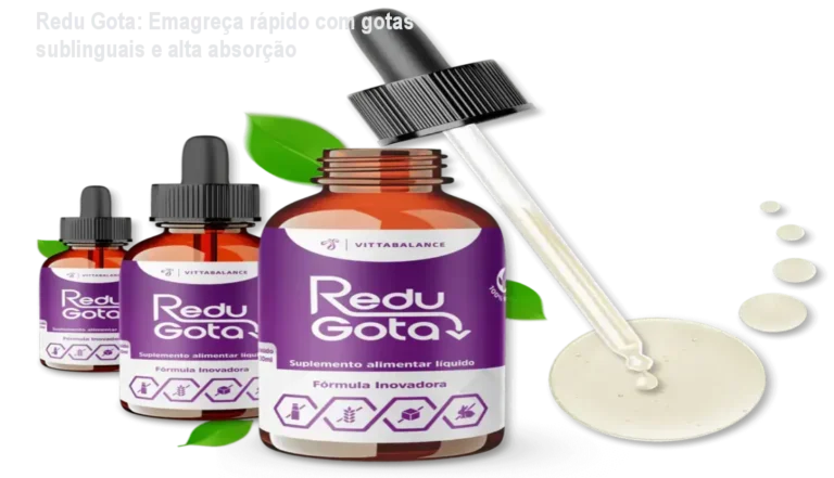 Gotas de Redu Gota sublingual ao lado de frutas, ilustrando emagrecimento rápido e saudável
