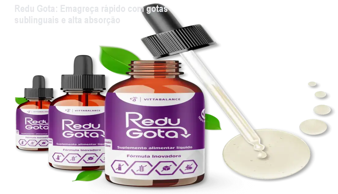 Gotas de Redu Gota sublingual ao lado de frutas, ilustrando emagrecimento rápido e saudável