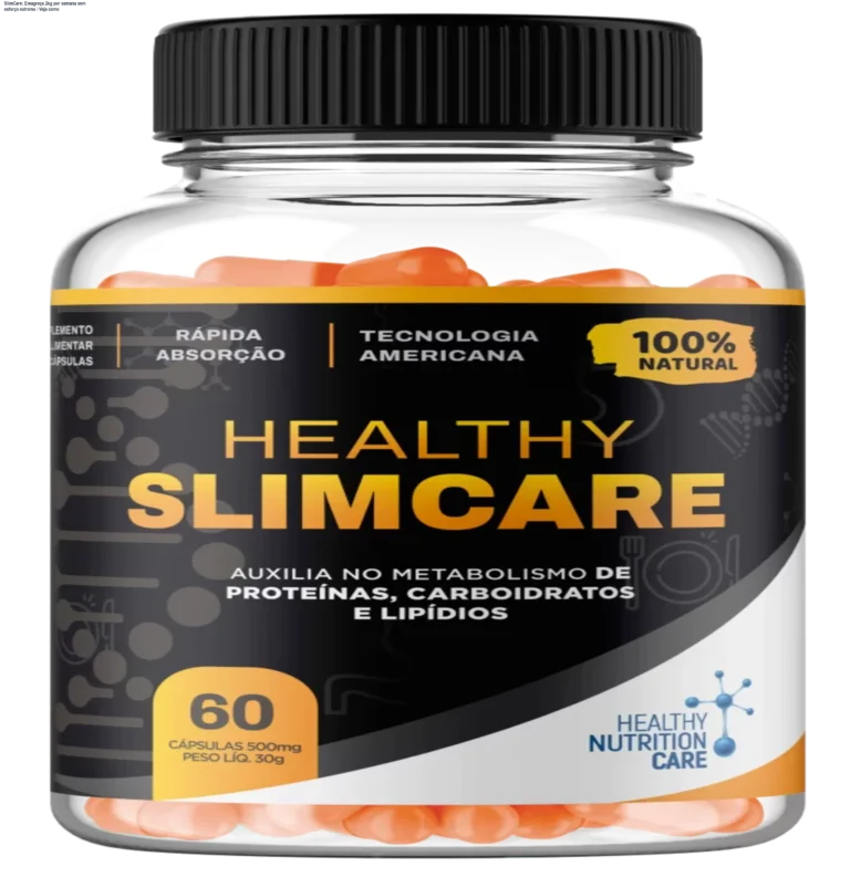 Frasco de SlimCare aberto ao lado de duas cápsulas, mostrando uso diário para acelerar o metabolismo