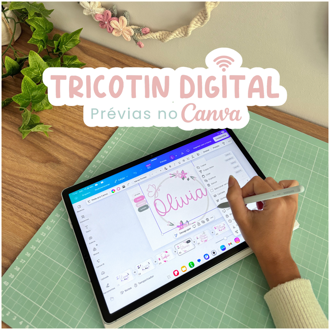 Artesã usando Canva para criar prévias digitais de peças em Tricotin