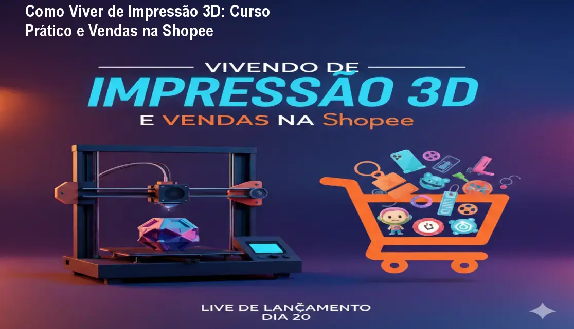 Imagem do curso Vivendo de impressão 3D mostrando a interface da Shopee e uma impressora em ação