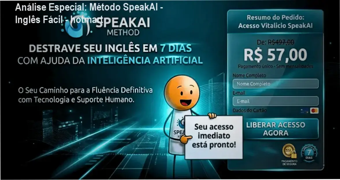 Capa informativa sobre o tema Método SpeakAI - Inglês Fácil - hotmart