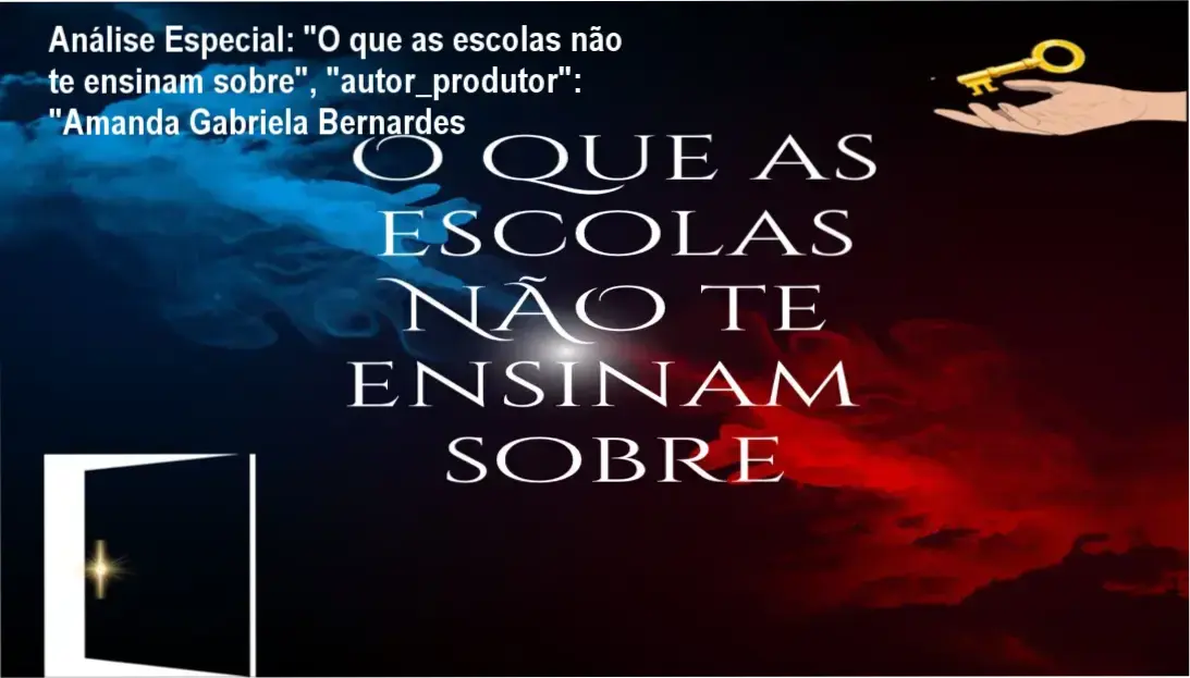 Capa informativa sobre o tema "O que as escolas não te ensinam sobre", "autor_produtor": "Amanda Gabriela Bernardes