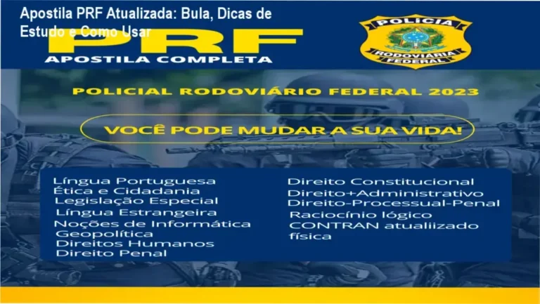 Capa da Apostila PRF Atualizada mostrando dicas de estudo e guia prático em PDF